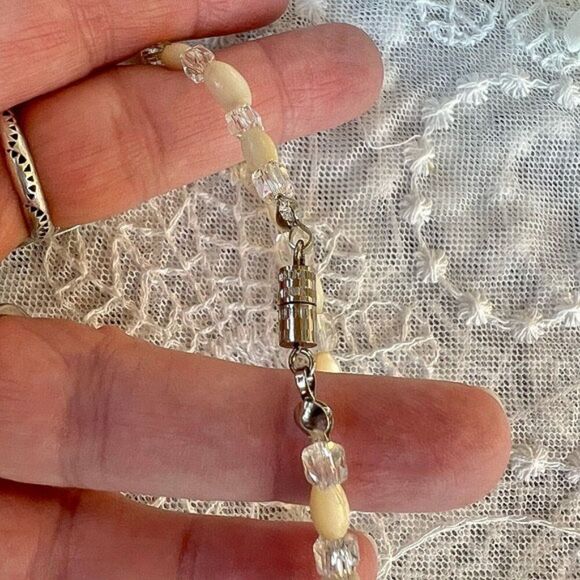 Vintage Mid-Century Mother of Pearl Rice Bead & Crystal Necklace ~27” - Picture 7 of 10